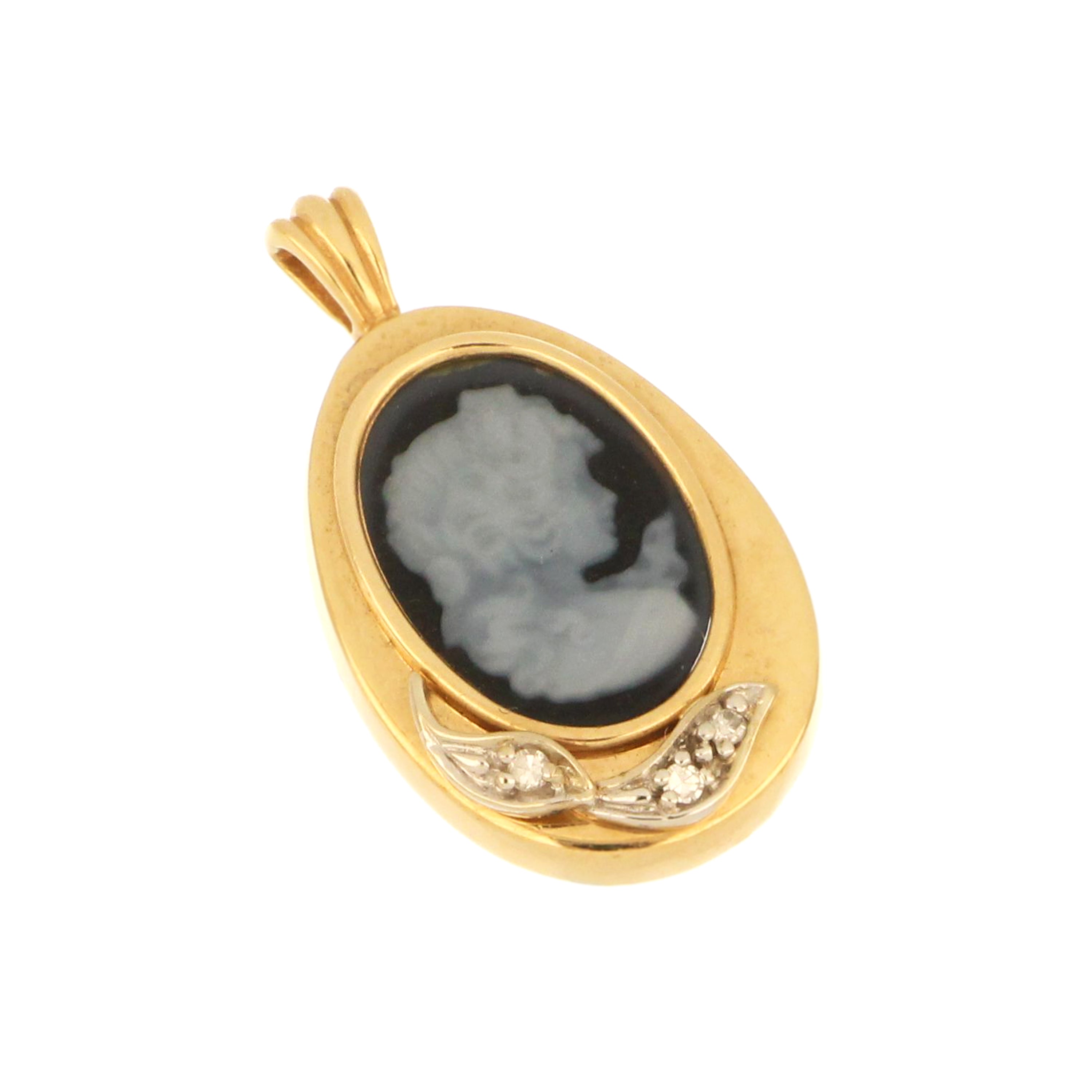 14K yellow gold black onyx cameo pendant with diamond accents